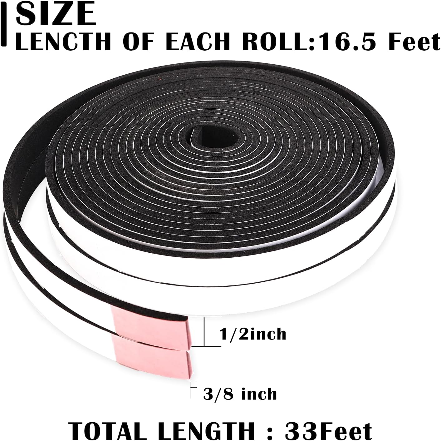 Black Foam Insulation Tape with Self-Adhesive Backing,Closed Cell Foam Weatherstripping 1/2 inch Wide x 3/8 inch Thick,Soundproofing Door Weather Seal Strip for Door and AC Window Seal,High Denisty