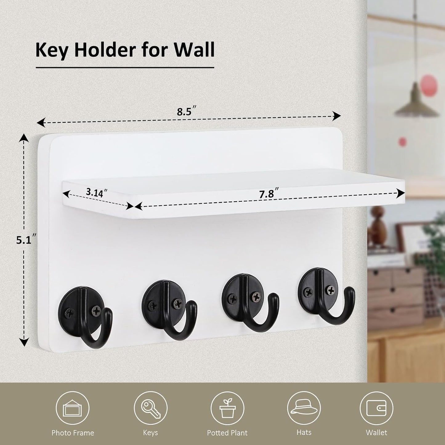 Nekon Key Holder Wall Mount, 8.5 Inch Small Home Decor Wooden Wall Organizer with 4 Hooks and Shelf, Wall Decor for Living Room Entryway Kitchen (Brown)