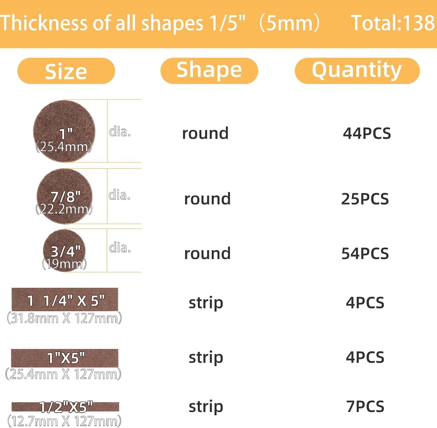 Felt Pads for Furniture, Felt Pads for Chair Legs (138PCS: Round and Rectangle, Sizes: 1/2" ，3/4"， 7/8", 1" and 1-1/4", Self-Adhesive, Brown) Furniture Pads to Protect Hardwood Floors