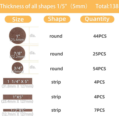 Felt Pads for Furniture, Felt Pads for Chair Legs (138PCS: Round and Rectangle, Sizes: 1/2" ，3/4"， 7/8", 1" and 1-1/4", Self-Adhesive, Brown) Furniture Pads to Protect Hardwood Floors