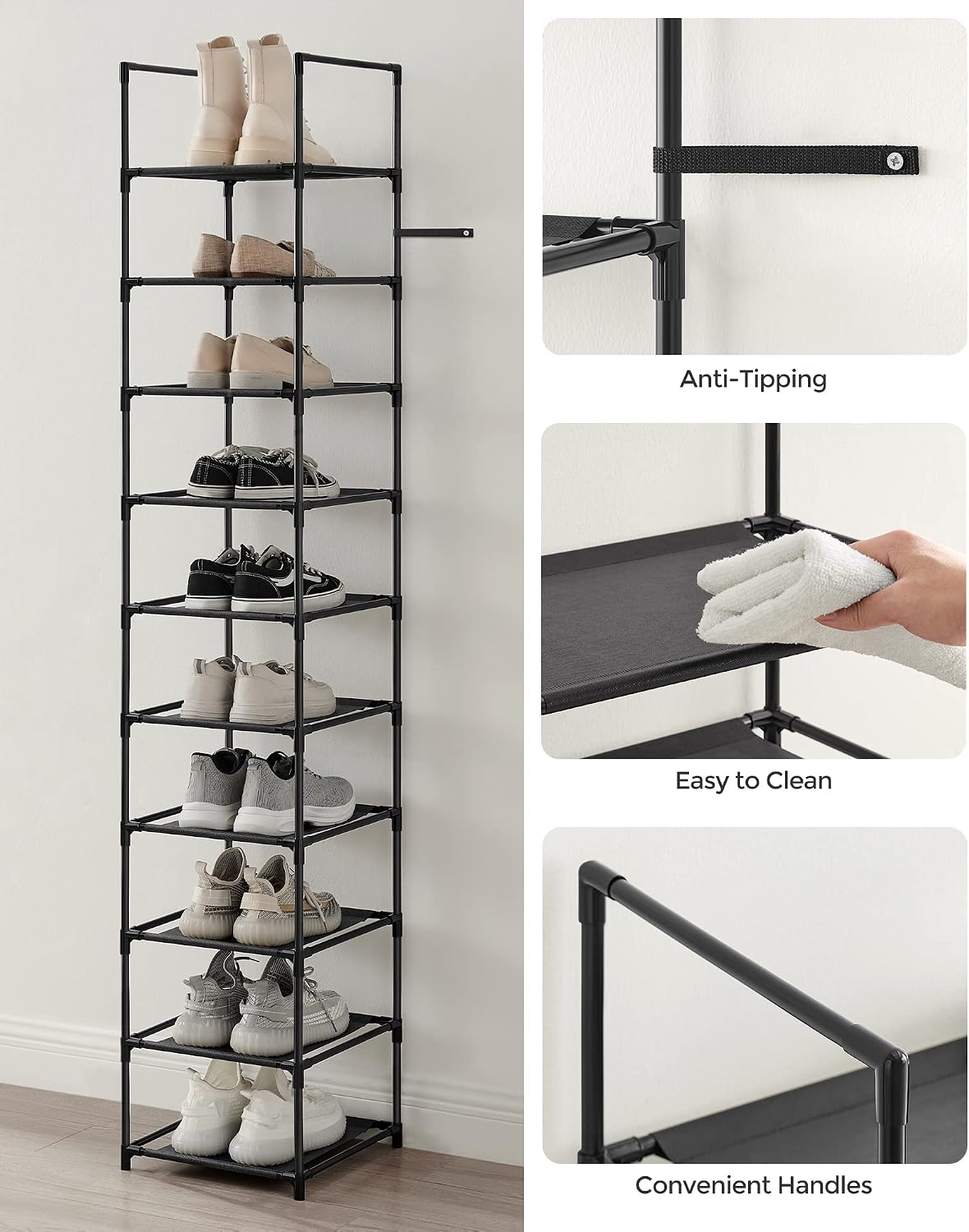 SONGMICS Shoe Rack, 10-Tier Shoe Shelf, Shoe Storage Organizer, 11 x 17.7 x 68 Inches, Metal Frame, Non-Woven Fabric Shelves, for Entryway, Bedroom, Black ULSH010B02