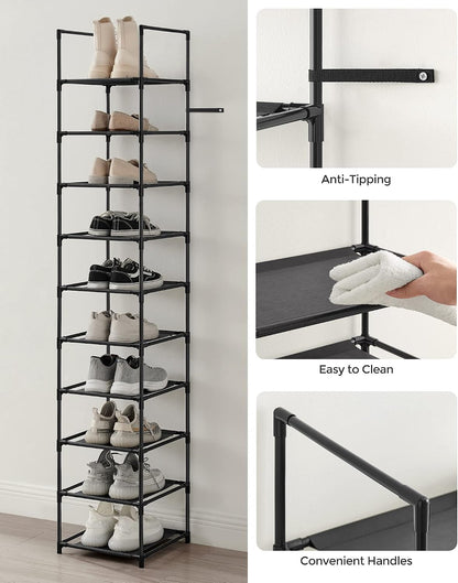 SONGMICS Shoe Rack, 10-Tier Shoe Shelf, Shoe Storage Organizer, 11 x 17.7 x 68 Inches, Metal Frame, Non-Woven Fabric Shelves, for Entryway, Bedroom, Black ULSH010B02