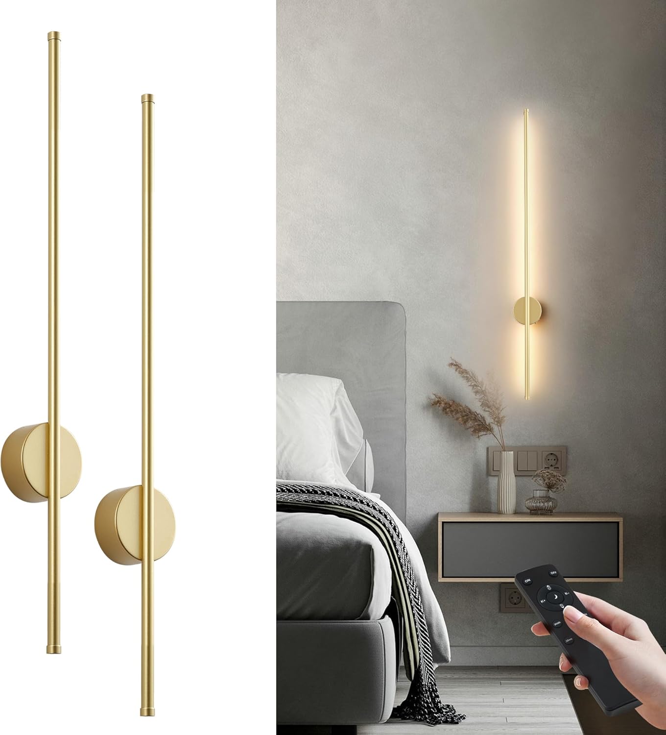 Battery Operated Modern Wall Sconces, Dimmable Wireless Wall Light Set of Two with Remote Control, 3 Color Temperatures, Rechargeable LED Wall Sconce for Bedroom, Living Room, Hallway, 23.6 Inch Brass
