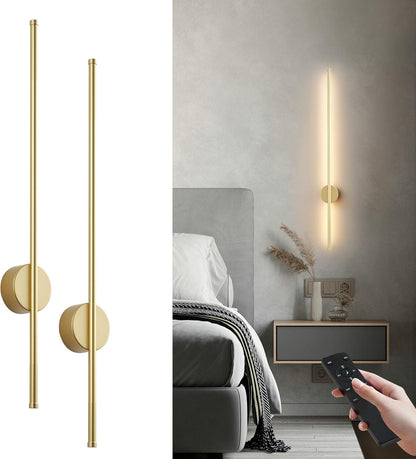 Battery Operated Modern Wall Sconces, Dimmable Wireless Wall Light Set of Two with Remote Control, 3 Color Temperatures, Rechargeable LED Wall Sconce for Bedroom, Living Room, Hallway, 23.6 Inch Brass