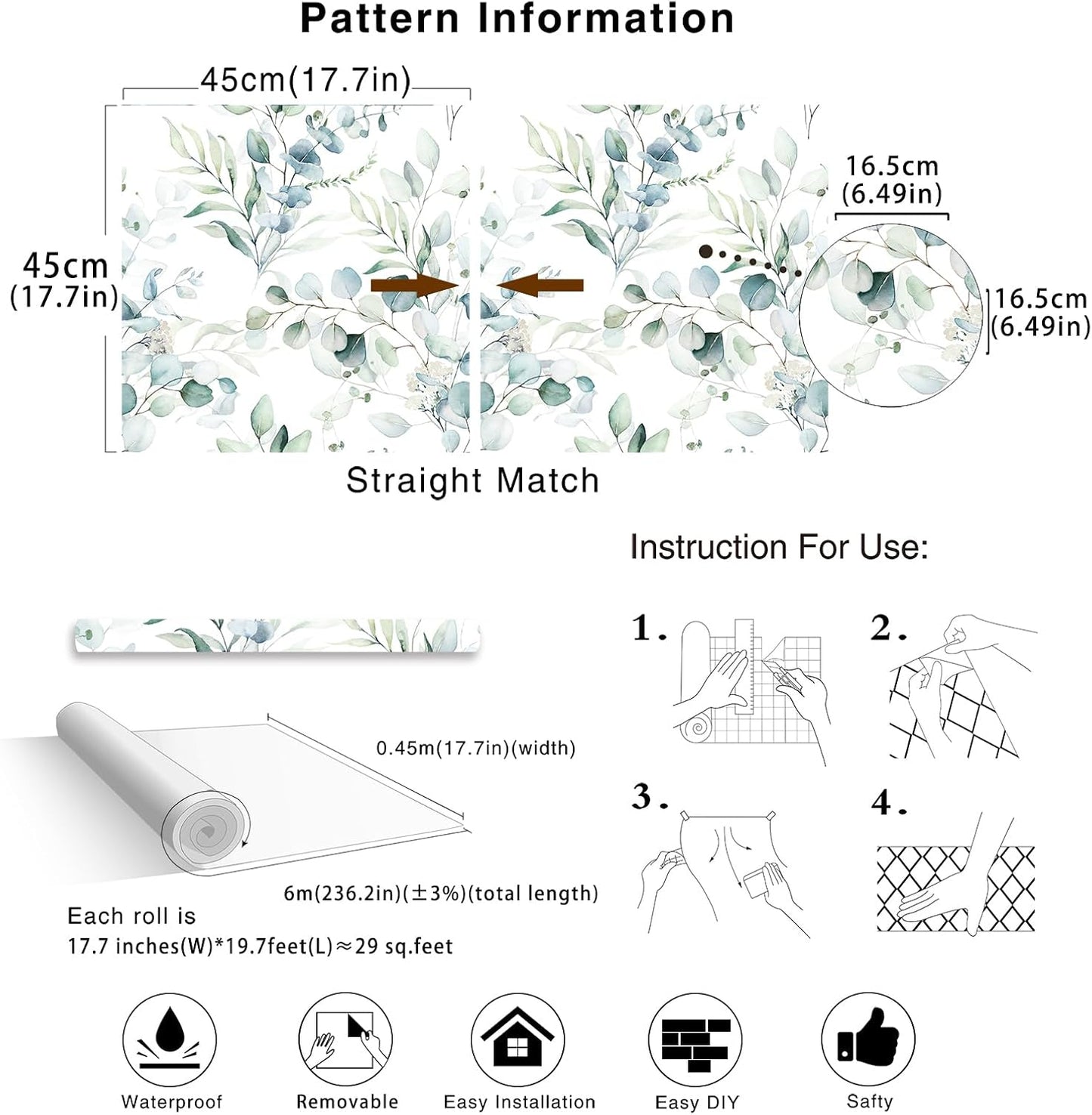 HAOKHOME Peel and Stick Wallpaper Boho Green/White Botanical Leaf Floral Wall Mural Home Nursery Decor Renter Friendly Wallpaper 17.3in x 9.8ft