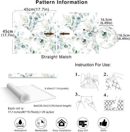 HAOKHOME Peel and Stick Wallpaper Boho Green/White Botanical Leaf Floral Wall Mural Home Nursery Decor Renter Friendly Wallpaper 17.3in x 9.8ft