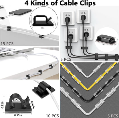 ELII 300PCS Cable Management Kit,4 Cable Sleeve 35 Cable Clips | 11Cord Holders,20 Roll Cable Organizer Straps, 200 Fastening Cable Ties,20 Cable Zip Tie Mounts for Computer TV Under Desk