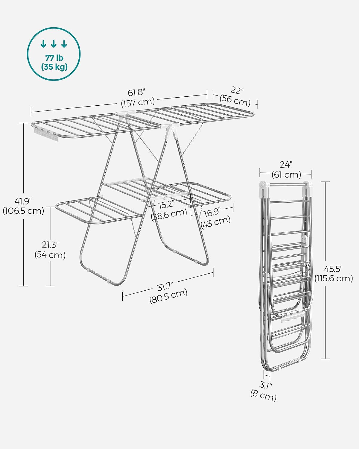 SONGMICS Clothes Drying Rack, with Sock Clips, Metal Laundry Rack, Foldable, Space-Saving, Free-Standing Airer, with 2 Height-Adjustable Gullwings, Indoor Outdoor Use, Gray ULLR052G01