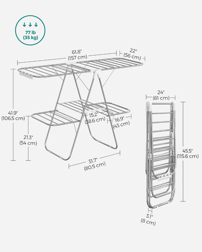 SONGMICS Clothes Drying Rack, with Sock Clips, Metal Laundry Rack, Foldable, Space-Saving, Free-Standing Airer, with 2 Height-Adjustable Gullwings, Indoor Outdoor Use, Gray ULLR052G01