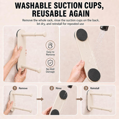 Foldable Clothes Rack No Drill - Heavy Duty Suction Cup Wall Mounted Drying Rack for Laundry, Space Saving Adhesive Hanger for Apartment, Bathroom (Holds 5.5lbs) (Milky White)