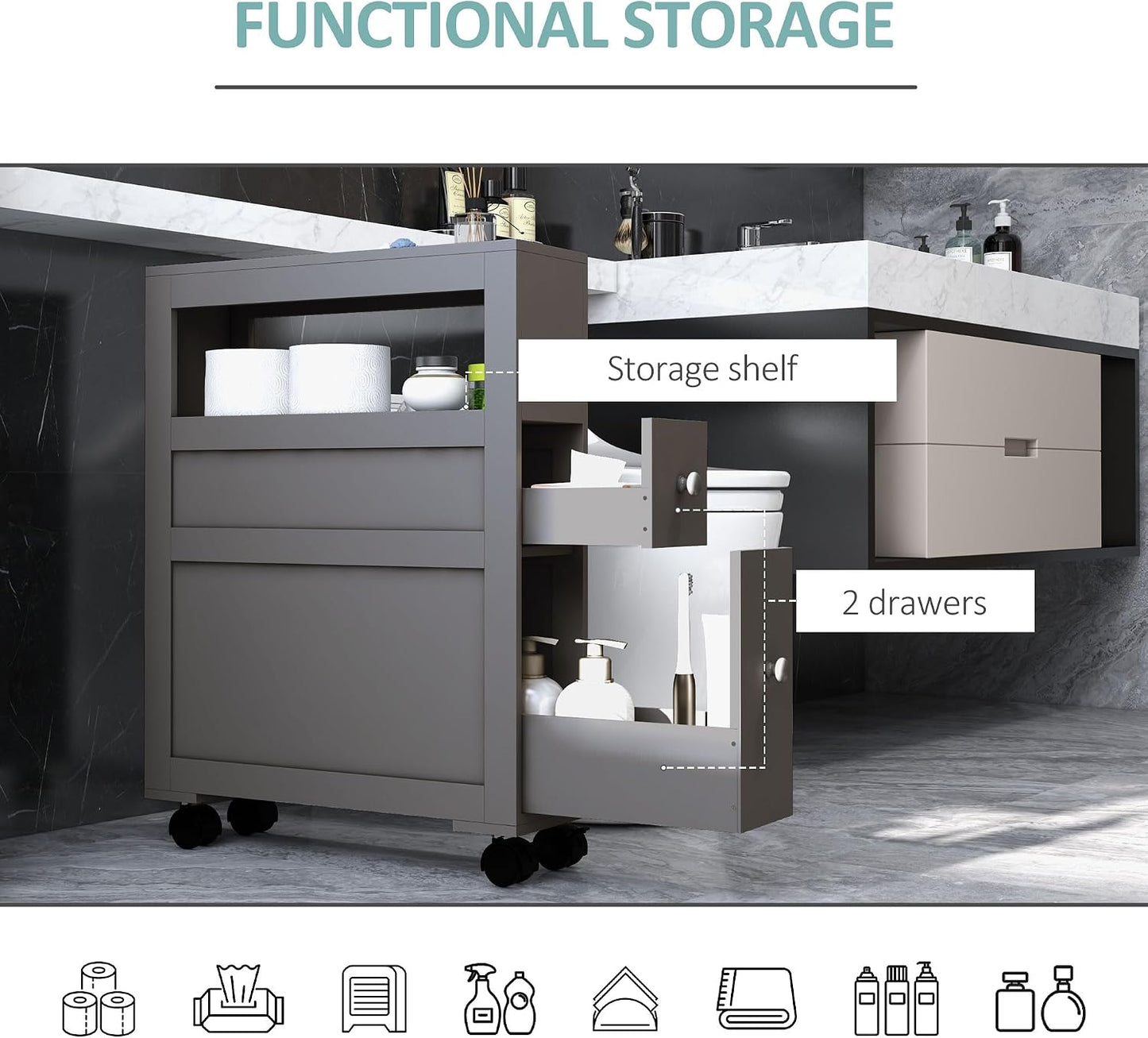HOMCOM 6.25" x 20.5" x 28.25" Wood Rolling Narrow Bathroom Side Storage Cabinet - Gray