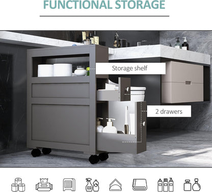 HOMCOM 6.25" x 20.5" x 28.25" Wood Rolling Narrow Bathroom Side Storage Cabinet - Gray