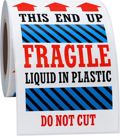 Hybsk 3 x 5 Fragile Liquid in Plastic This End Up Safe Handling Stickers for Shipping and Packing - 100 Adhesive Labels Per Roll