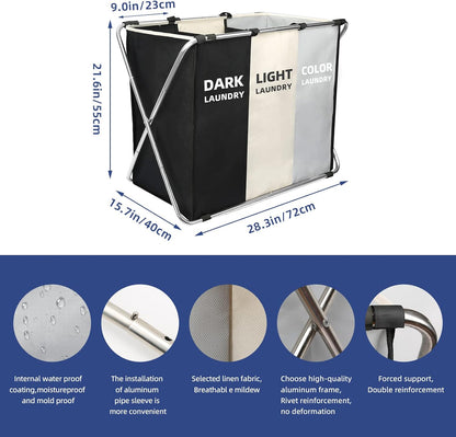 135L Laundry Cloth Hamper Sorter Basket Bin Foldable 3 Sections with Aluminum Frame 26''×24''H Washing Storage Dirty Clothes Bag for Bathroom Bedroom Home Storage Basket (Black+light grey+dark grey, 3
