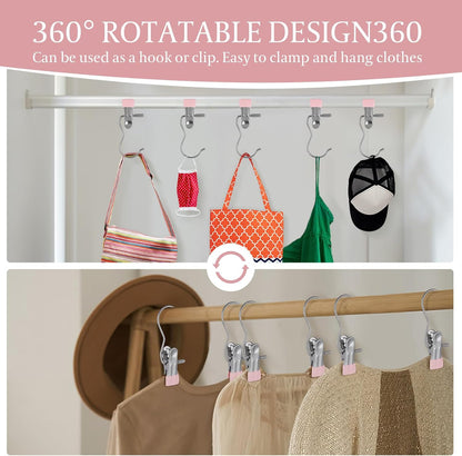 50PCS Space-Saving Clothespin Hat Pants Storage Hanging Travel Hook, Portable 360° Rotating Stainless Steel Hanging Hook Clips Towel Clips,Laundry Hooks Hanging Clips with Clips for Home and Travel