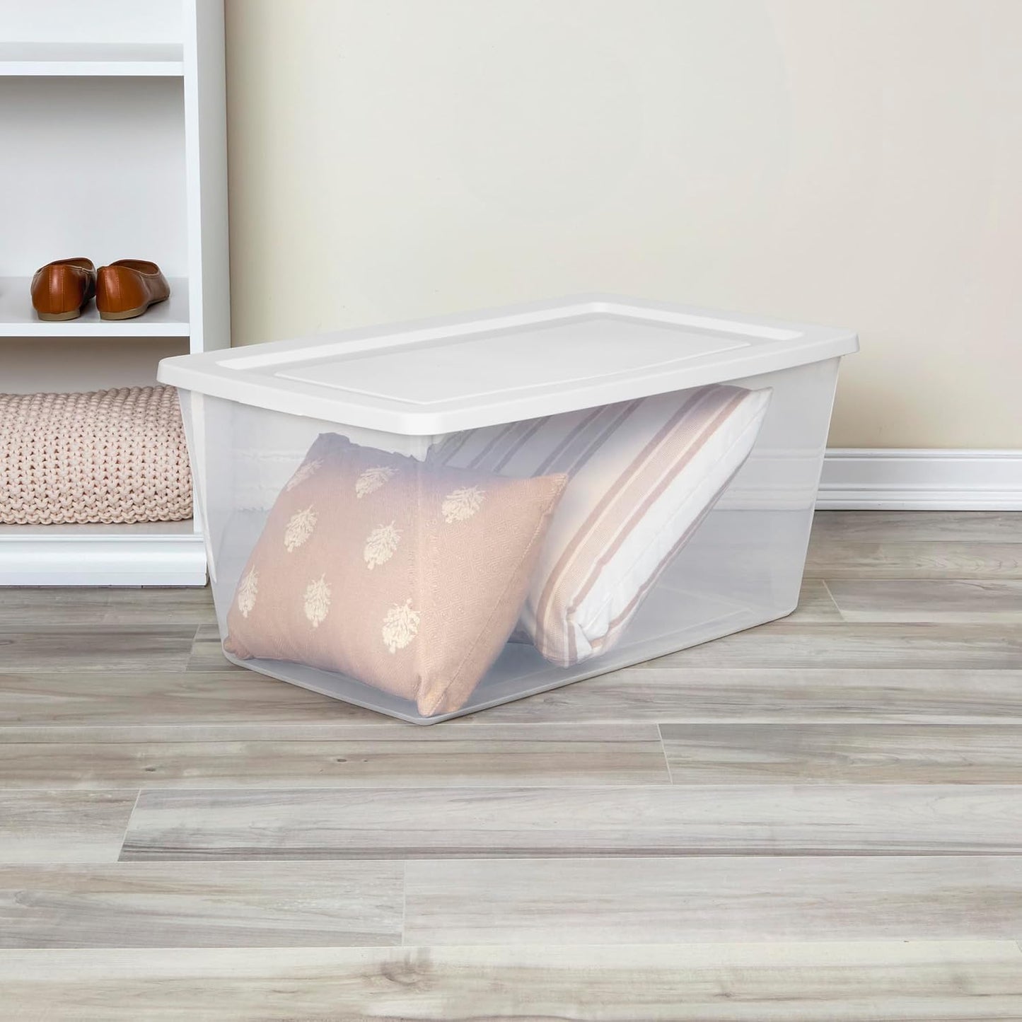 Sterilite 6 Pack Storage Box, 41 Quart Stackable Tote, Clear Plastic Container with Secure Snapping White Lids for Home and Office Organization