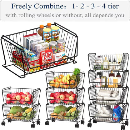 PUSDON 6-Tier Tall Stackable Wire Storage Baskets with Wheels, Vertical Metal Rolling Utility Cart, High Capacity Produce Basket for Kitchen Pantry, Snack Organizer, Matte Black