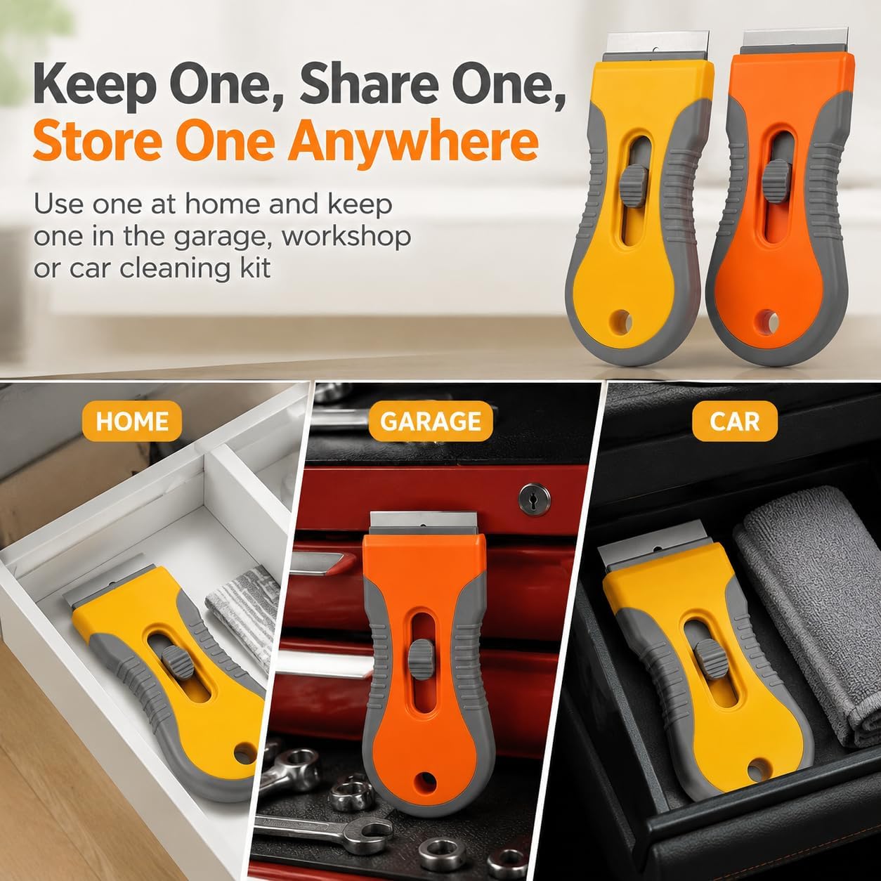 Razor Blade Scraper Set, 2 Safety-Lock Handles + 20 Steel Blades | Steel Blades Retract into Plastic Handles, Removes Stickers, Labels, Paint, Caulk and Residue From Windows, Cooktops and Tile