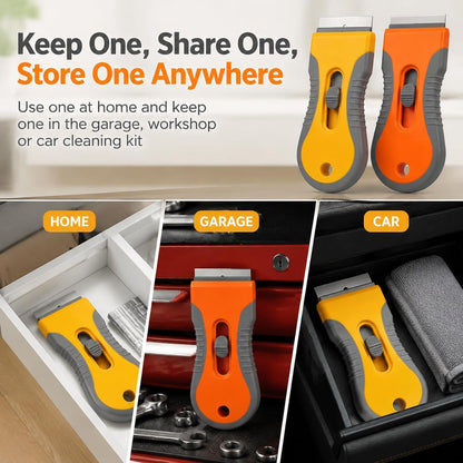 Razor Blade Scraper Set, 2 Safety-Lock Handles + 20 Steel Blades | Steel Blades Retract into Plastic Handles, Removes Stickers, Labels, Paint, Caulk and Residue From Windows, Cooktops and Tile