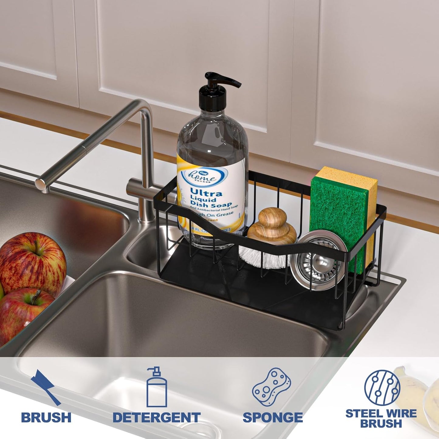 Vanwood Sponge Holder for Kitchen Sink with Auto Draining Tray, Sink Caddy Kitchen Sink Cocina Organizer, Self Drain Dish Soap Sponge Caddy for Counter | Kitchen Sink