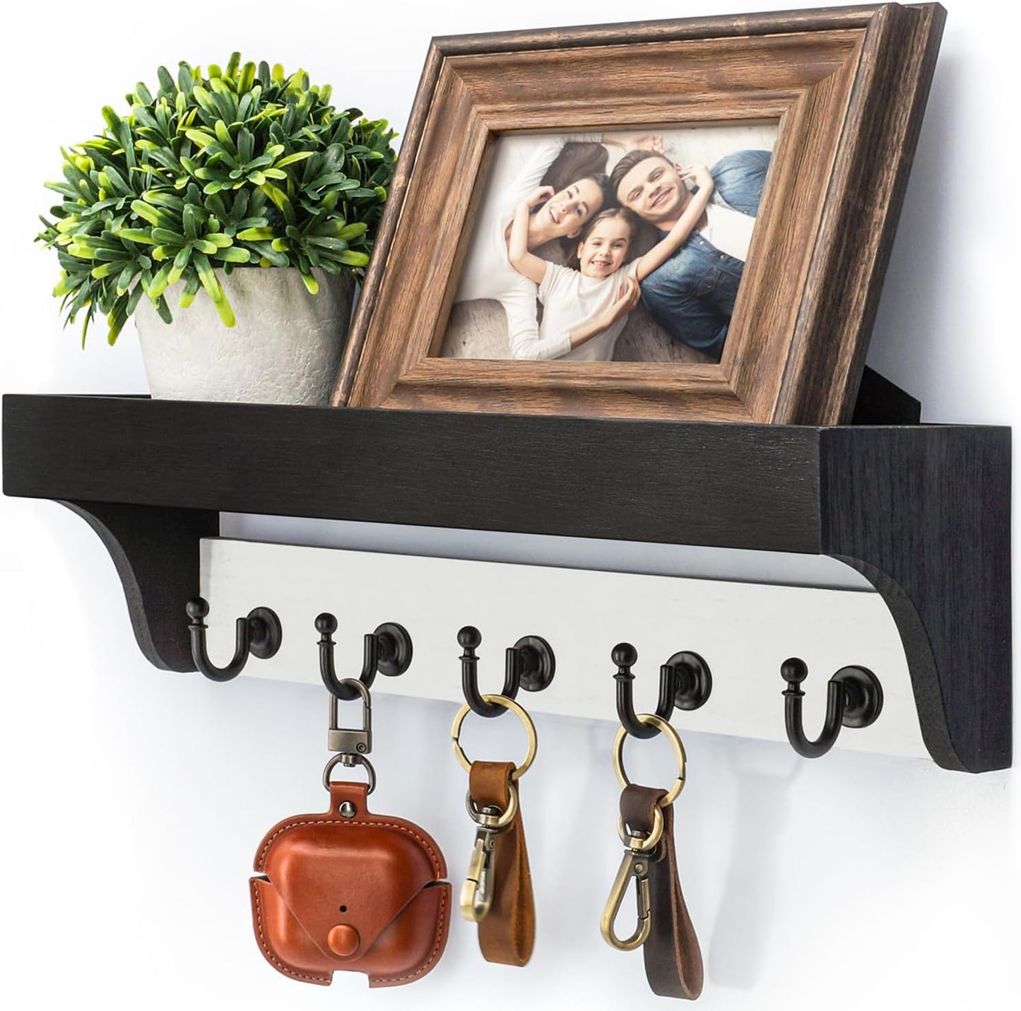 Rebee Vision Farmhouse Key Holder for Wall - Decorative Wooden Mail Organizer with 5 Rustic Key Hooks and Floating Shelf for Home Decor, Hallway, Entryway, Appartment (Retro Brown)