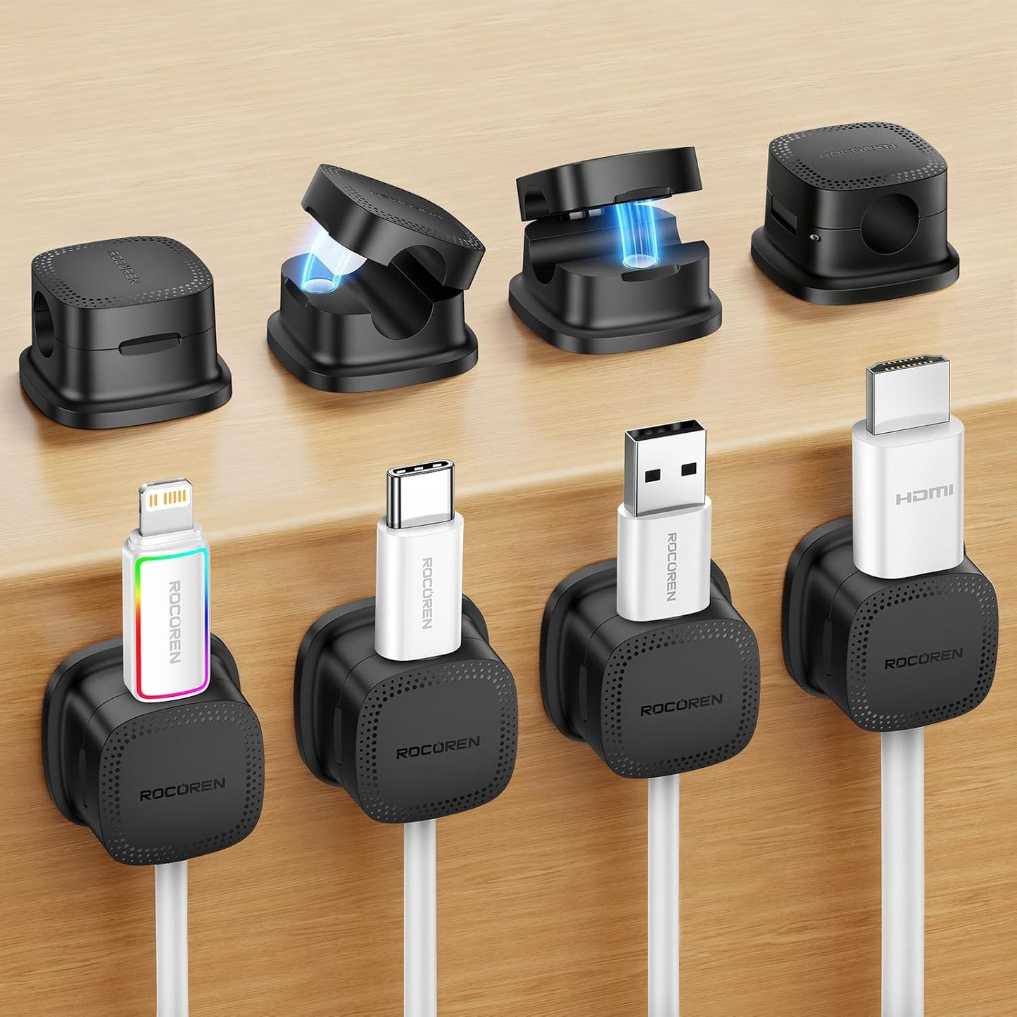 6-Pack Magnetic Cable Clips, Rocoren Smooth Adjustable Adhesive Cord Organizer, Desk Cable Management Wire Holder Keeper Cables Staples for Nightstand Home Office Desk Car Phone Wall Desktop