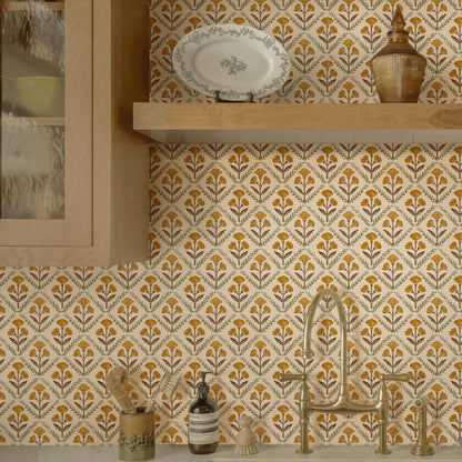 Dimoon 17.3''x78.7'' Peel and Stick Wallpaper Floral Cute Contact Paper Vintage Village Country Cottage Wallpaper Farmhouse Yellow Beige Renter Friendly Geometry Waterproof Embossed Kitchen Bedroom