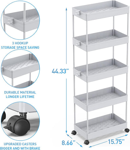 SPACEKEEPER 5-Tier Rolling Cart, Bathroom Storage Organizer Utility Cart, Mobile Shelving Unit Slide Out Shelves for Kitchen Living Room Laundry Room & Dressers, Black