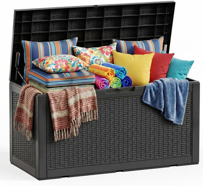 ROJIK 120 Gallon Waterproof Outdoor Deck Storage Box, Lockable Resin Patio Storage Bin with Lid for Garden Tools, Patio Cushions & Outdoor Accessories(Black)