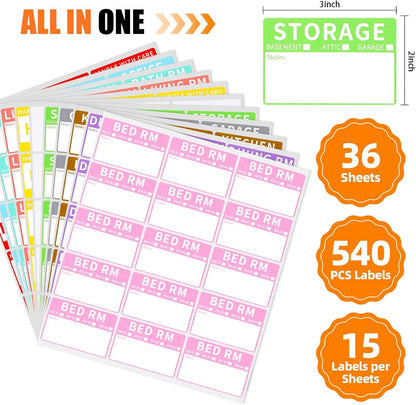 Azureal 540 PCS Moving Labels, 10 Color Coded Moving Stickers Including Fragile, Heavy and Blank Labels, 2'' x 3'' Packing Labels for Moving Boxes, Moving Supplies, Wardrobe Boxes, Apartment Sticker