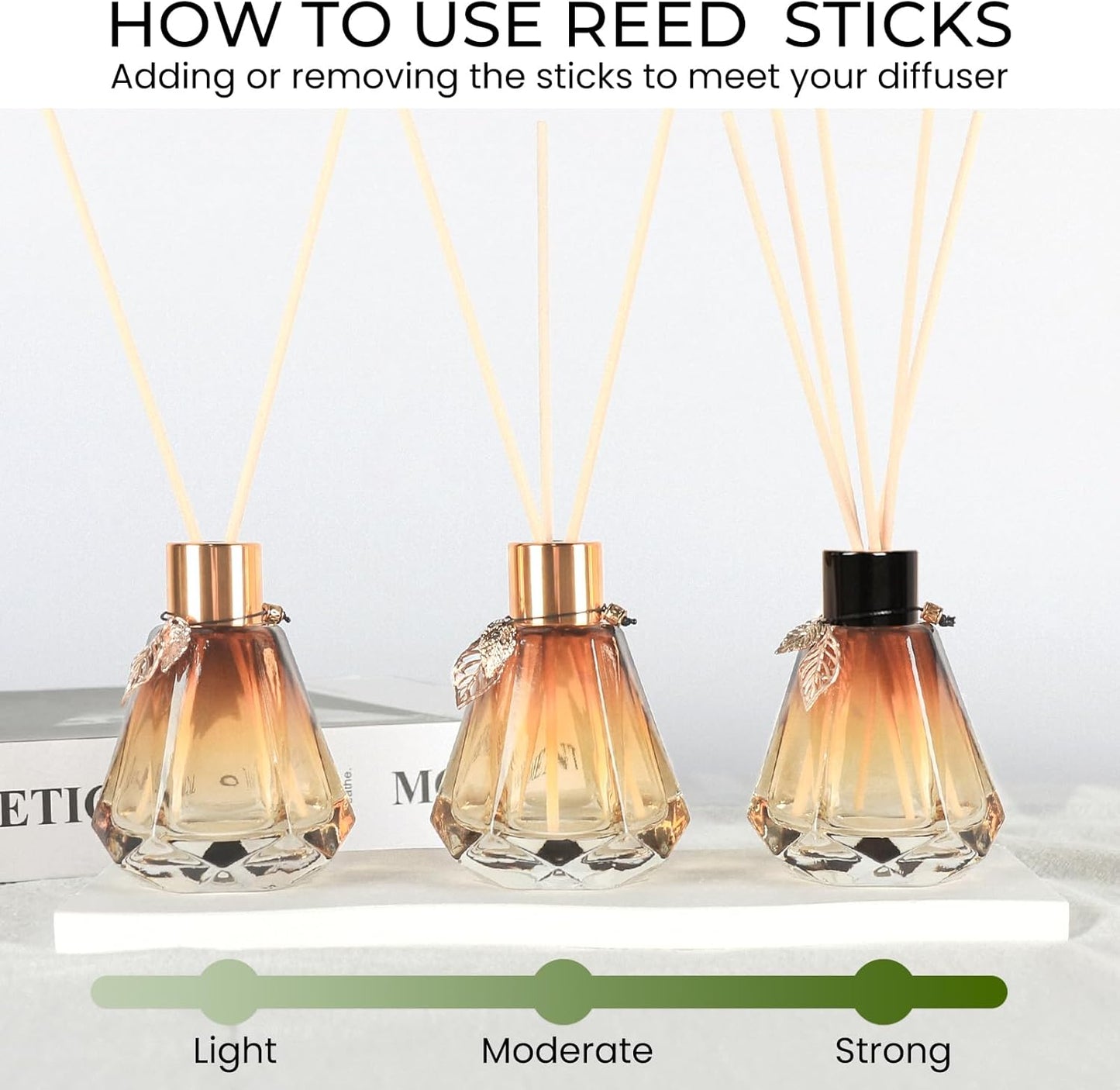 Reed Diffuser Set - 4 Empty Bottles with 20 Sticks, Delicate Gold Leaf Decor, Glass Fragrance Diffuser with Lids for Home, Bathroom | Refillable, Diamond Style (4 PCS Black)
