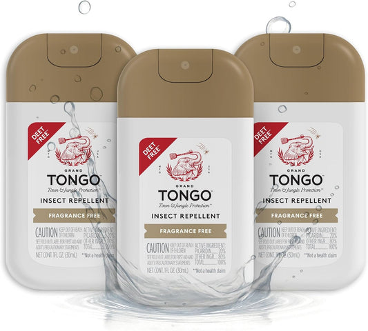 Grand Tongo DEET-Free Insect Repellent Spray, 12 Hour Mosquito Protection, Picaridin Pocket Pump Spray, 1 oz Travel Size, Citrus + Sandalwood, 3 Pack