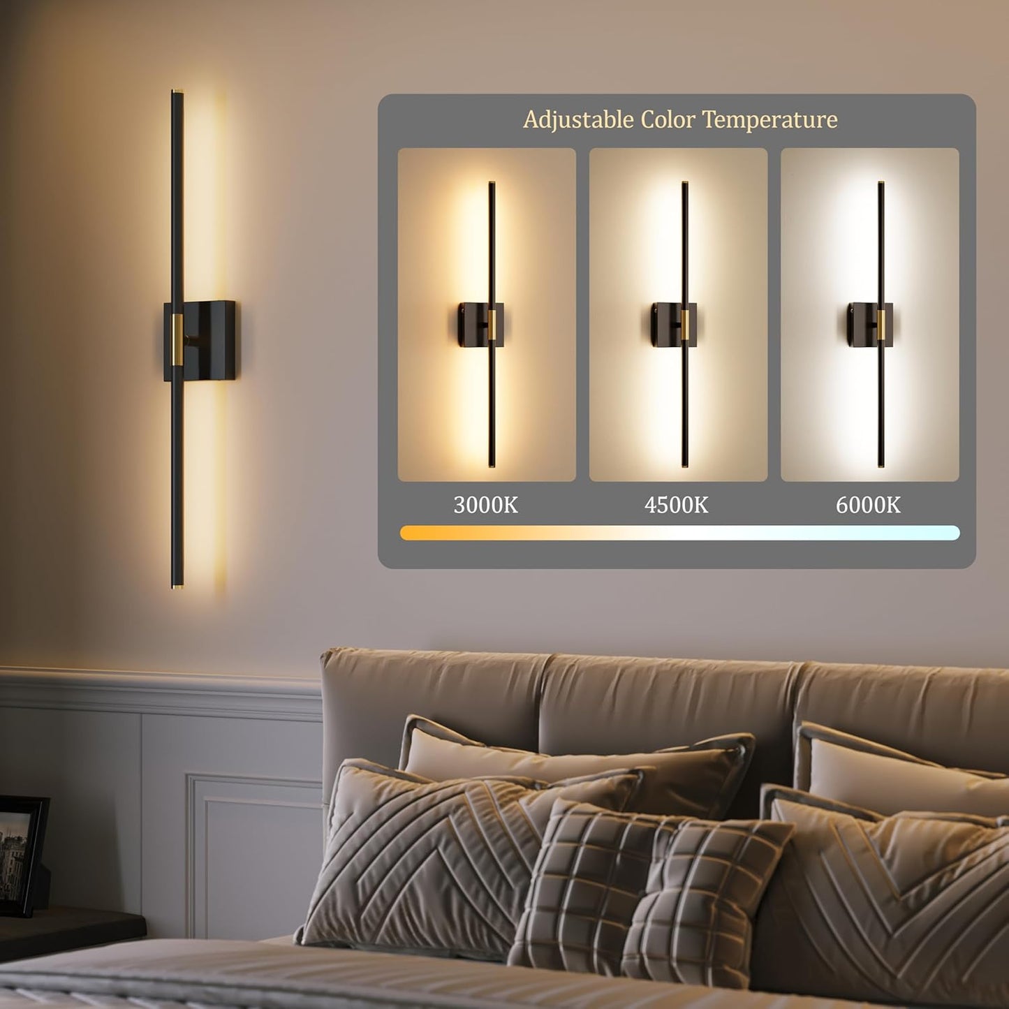 Morauroral Battery Operated Wall Sconces Set of 2, 10000mAh Rechargeable Sconces, 3000K-6000K Dimmable LED Wall Lamp with Remote, 24 Inch Black Gold Wireless Wall Lights for Bedroom, Living Room