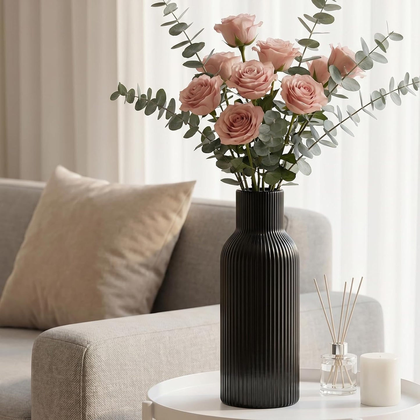 White Ceramic Flower Vases Set of 3, Modern Matte Vertical Ribbed, Nordic Minimalist Decor for Pampas, Dried & Fresh Flowers, Centerpiece for Living Room, Shelf, Entryway, Wedding,Office