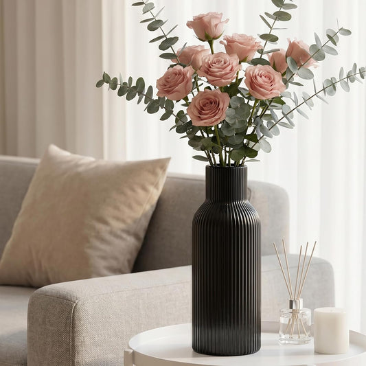 White Ceramic Flower Vases Set of 3, Modern Matte Vertical Ribbed, Nordic Minimalist Decor for Pampas, Dried & Fresh Flowers, Centerpiece for Living Room, Shelf, Entryway, Wedding,Office