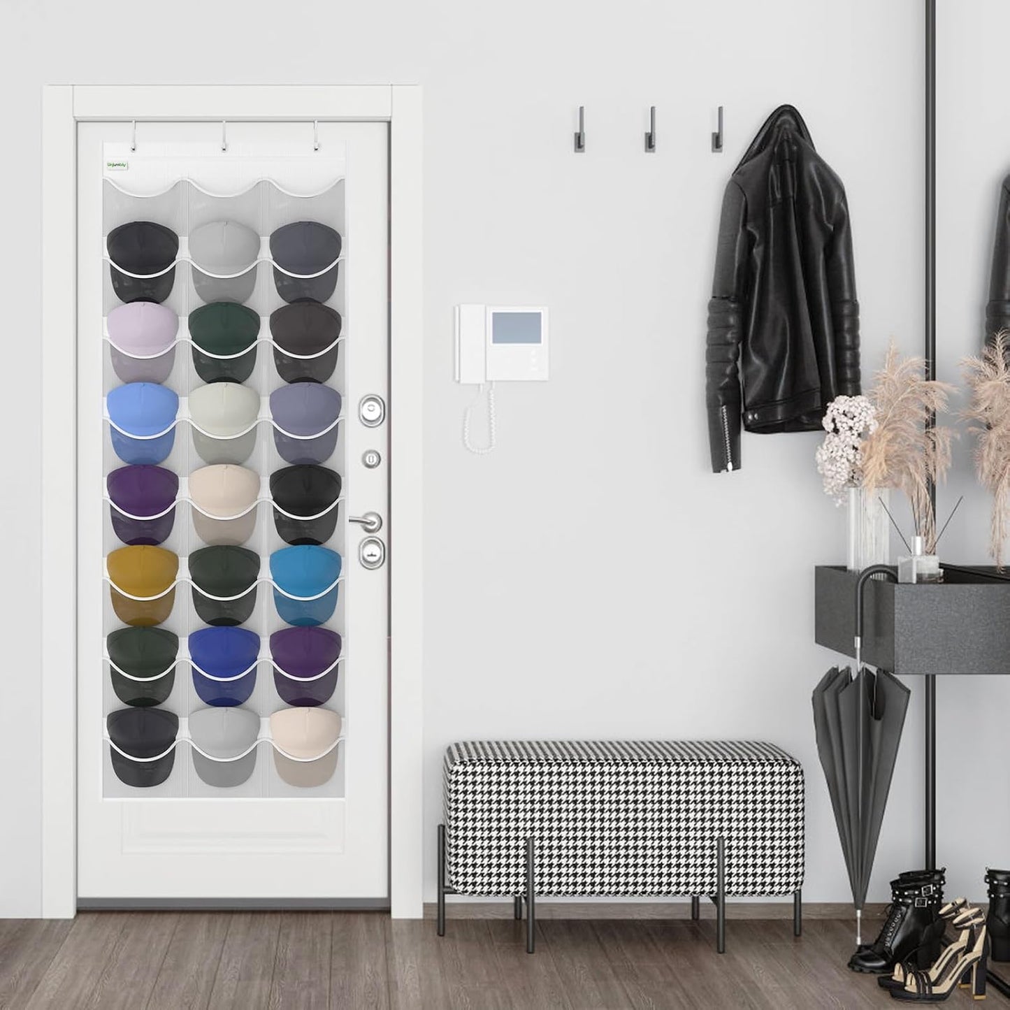 Baseball Hat Rack, 24 Pocket Over-The-Door Hat Organizer with Clear Deep Pockets to Display Baseball Caps Collection, Complete with 3 Over Door Hooks (Black, 24 Pockets)