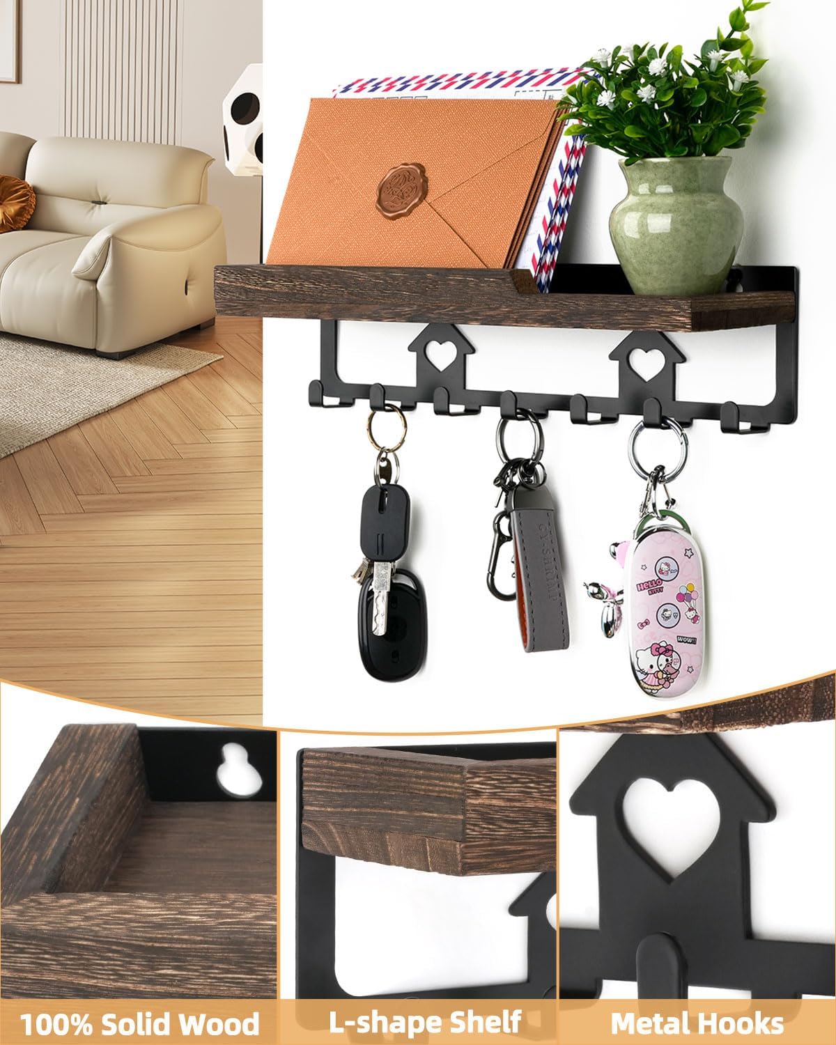 lucdnc Key Holder for Wall with Tray,Decorative 7 Metal Hooks and Paulownia Wood Shelf,Entryway Organizer for Mail,Keys,Sunglasses -Wall Mounted Key Hooks for Office Home Decor Key Rack