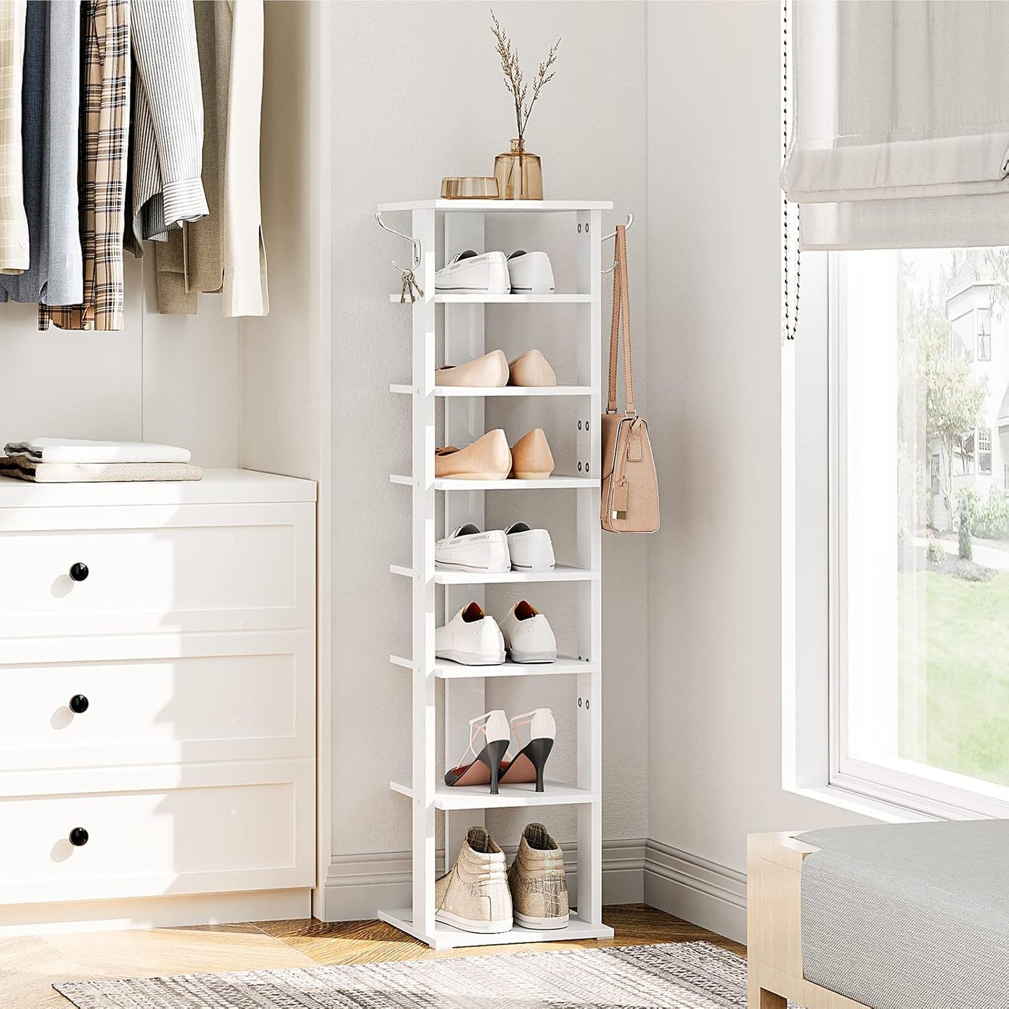 HOOBRO 8 Tiers Vertical Shoe Rack, Wooden Shoe Storage Organizer with Hooks, Narrow Shoe Tower for 8 Pairs, Space Saving, for Entryway, Living Room, Bedroom, Rustic Brown BF07XJ01G1