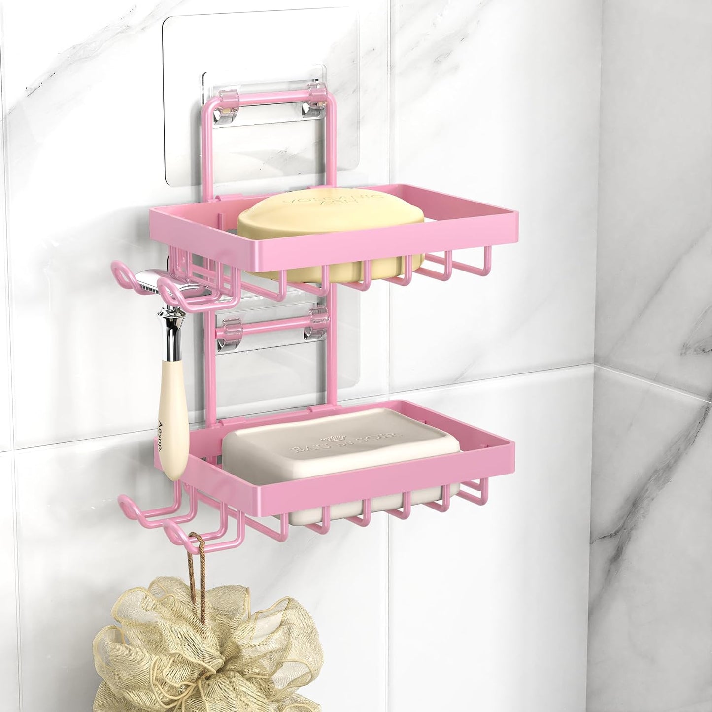 Moforoco Double Soap Bar Holder for Shower, No Drilling, 304 Stainless Steel, Wall Mounted Soap Holder with 4 Hooks and Razor Holder, Shower Rack Soap Tray Bar Soap for Bathroom Accessories Organizer