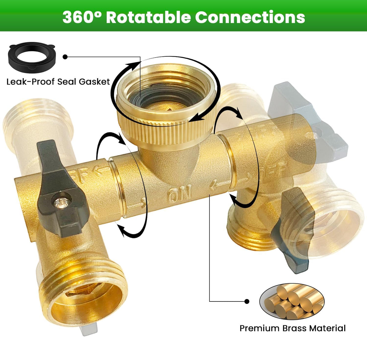 Hose Splitter, Garden Hose Splitter 2 Way with 304 Stainless Steel Long Handle, Heavy Duty Outdoor Brass Hose Splitter Y Tap Splitter 4" Extra Long Metal Handle, 3/4" GHT Thread