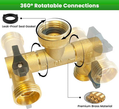 Hose Splitter, Garden Hose Splitter 2 Way with 304 Stainless Steel Long Handle, Heavy Duty Outdoor Brass Hose Splitter Y Tap Splitter 4" Extra Long Metal Handle, 3/4" GHT Thread