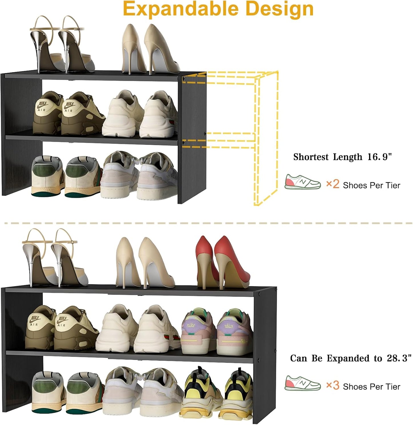 White Shoe Rack Organizer for Closet, 2-Tier Expandable Shoe Shelf, Stackable Iron Wood Combination Small Shoe Racks Shelves for Closets, Entryway,Small Space,Hallway,Bedroom,Bathroom,6-12 Pairs