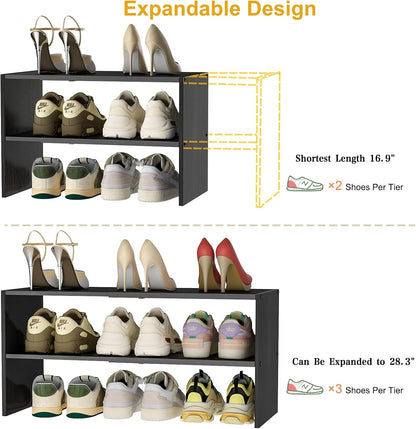 White Shoe Rack Organizer for Closet, 2-Tier Expandable Shoe Shelf, Stackable Iron Wood Combination Small Shoe Racks Shelves for Closets, Entryway,Small Space,Hallway,Bedroom,Bathroom,6-12 Pairs