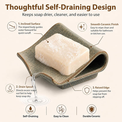 Zoeeker Self-Draining Soap Dish, Ceramic Soap Holder with Drain Spout Waterfall Drying Tray for Shower Bathroom Kitchen Sink Bathtub, Keep Soap Bars Dry, Blue