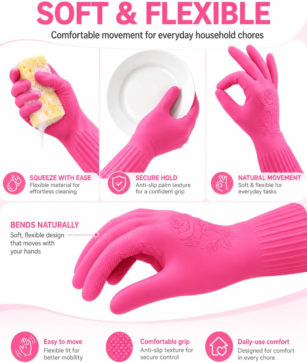 Disfore Rubber-Gloves Dishwashing Gloves for Cleaning-Kitchen - 2 Pairs Long Household Cleaning Gloves for Washing Dishes