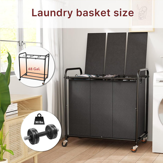180L Laundry Sorter 3 Section – Heavy Duty Rolling Laundry Basket with Lockable Wheels and Lid, 3 Large Separate Removable Bags, Laundry Hamper Cart for Laundry Room Organizer (Multicolor)