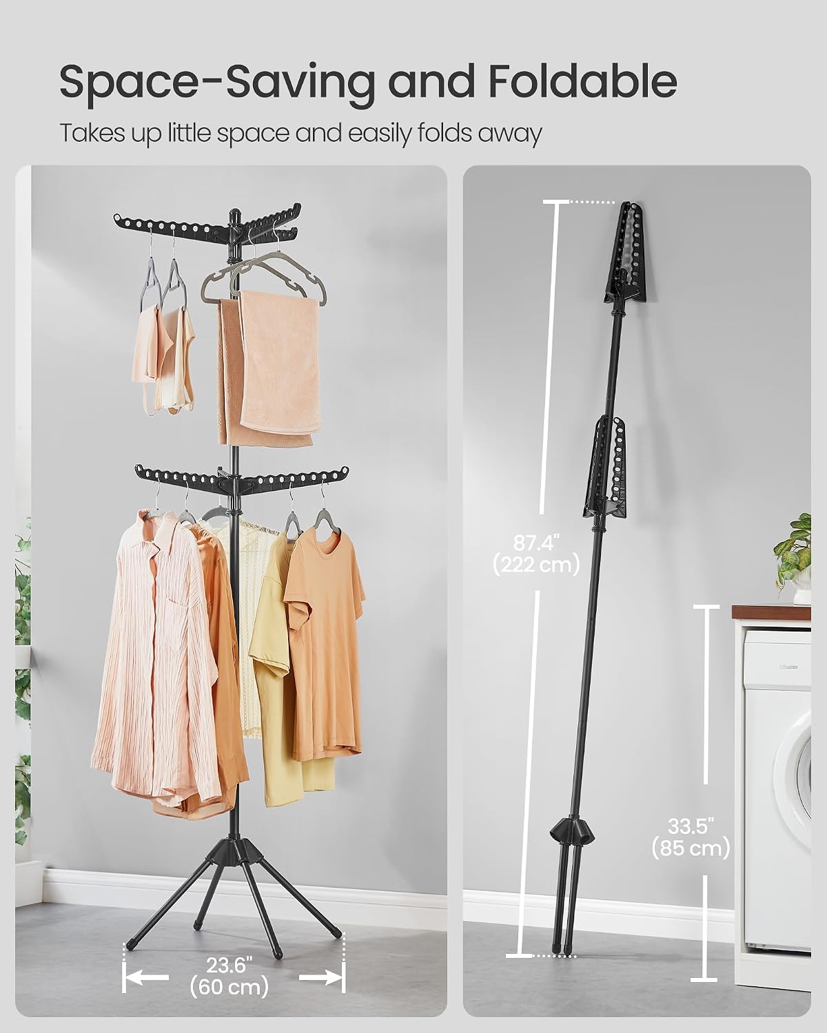 SONGMICS 2-Tier Clothes Drying Rack, 72-Inch Folding Laundry Drying Rack with 3 Rotatable Arms for Hangers, 24 Clips, Stainless Steel, for 27 Pieces of Clothes, Blue and Silver ULLR512Q01