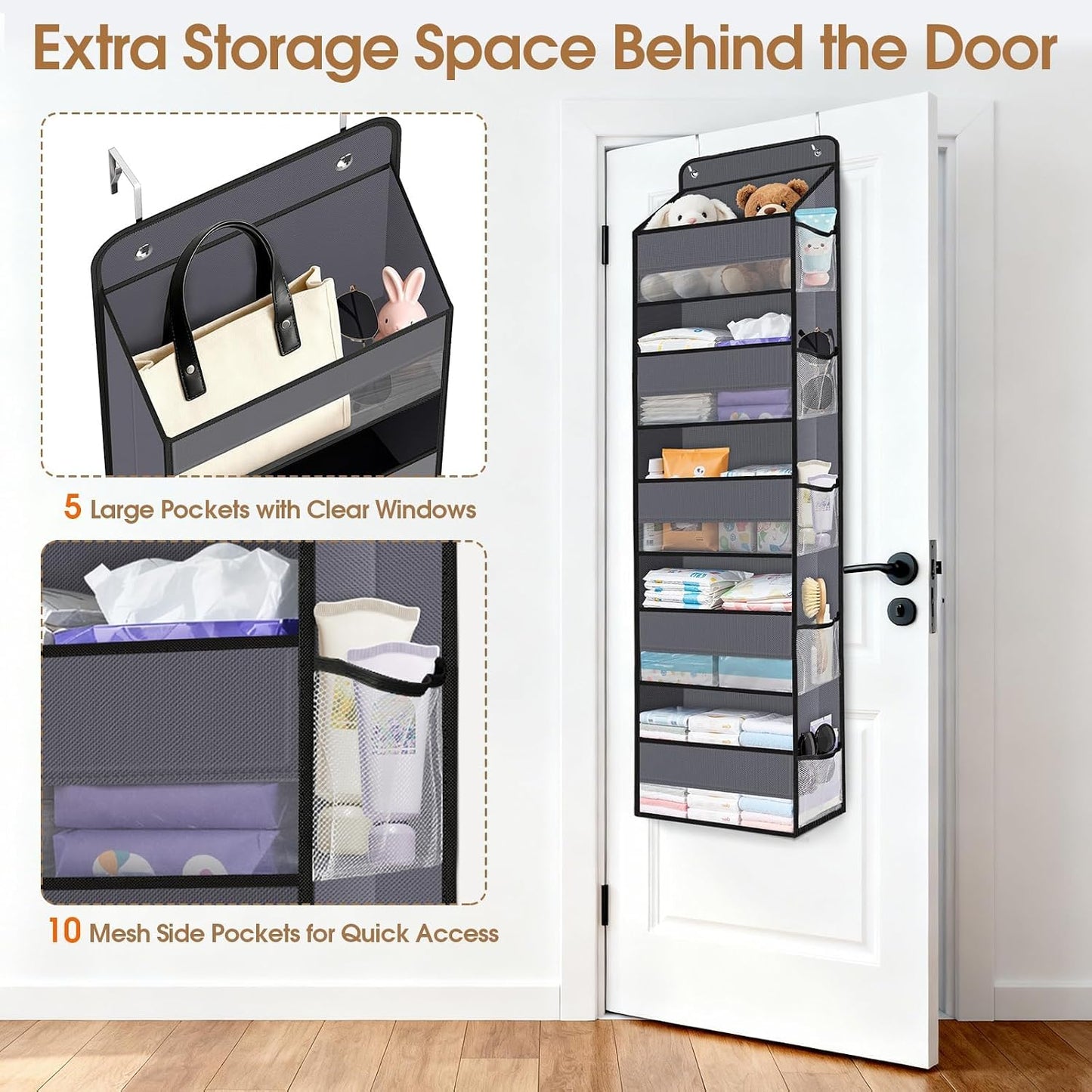 WISELIFE Over The Door Organizer Storage with 4 Large Pockets Door Hanging Organizer with Clear Windows behind The Door Storage for Nursery Bedroom Bathroom Pantry Closet and Baby Essentials Dark Grey