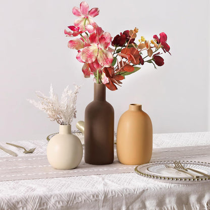 CUCUMI Ceramic Vase Set of 5, Home Decor Farmhouse Décor Handmade Pottery Vases for Pampas Grass, Dried Fresh Flowers, Table, Living Room, Kitchen, Shelf, Entryway Mantel Neutral Tones