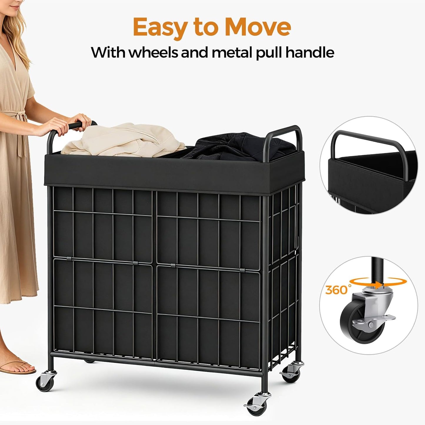 2 Section Laundry Hamper with Wheels and Brake, 100L Laundry Sorter Cart with 2 Removable Liner Bags, Metal Handle, Rolling Laundry Basket for Bedroom Laundry Room